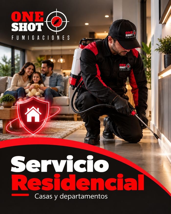 Técnico de One Shot Fumigaciones realizando servicio residencial
